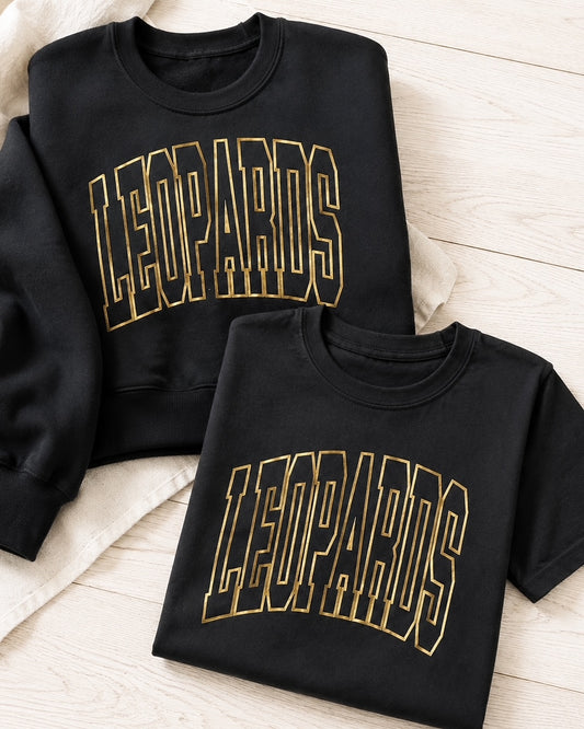 Black Varsity Edit Leopards short sleeve tee and sweatshirt with metallic-gold collegiate lettering
