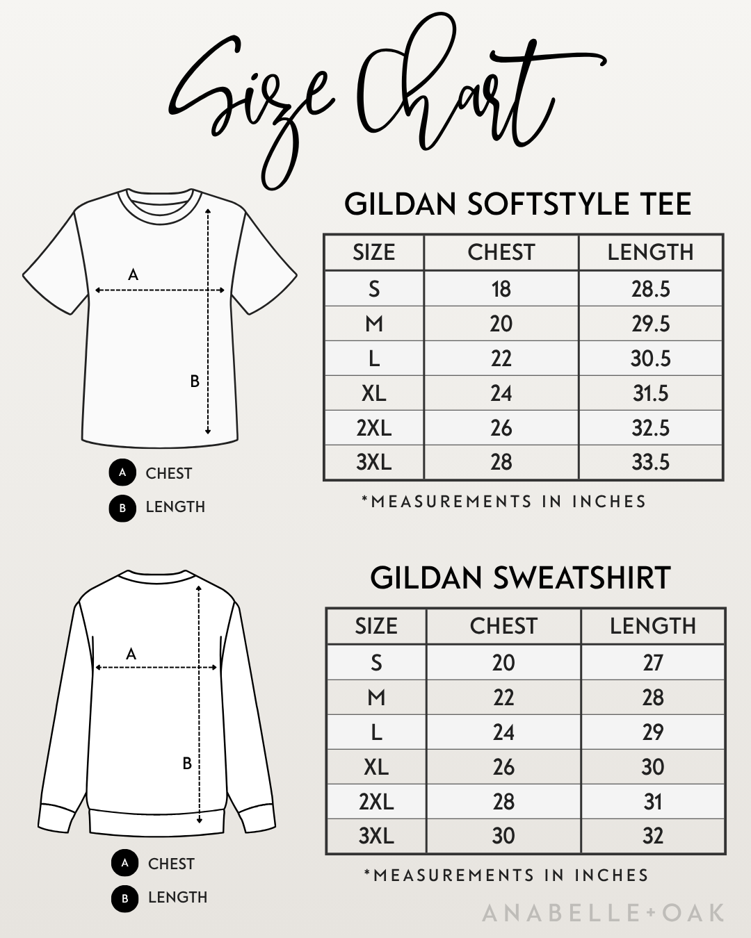 Size chart for Gildan Softstyle tee and Gildan sweatshirt in sizes S through 3XL