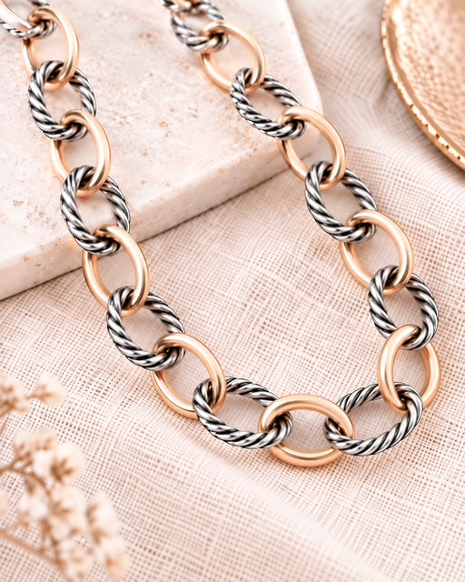 Close-up of Well-Connected Necklace with alternating smooth gold and twisted silver links