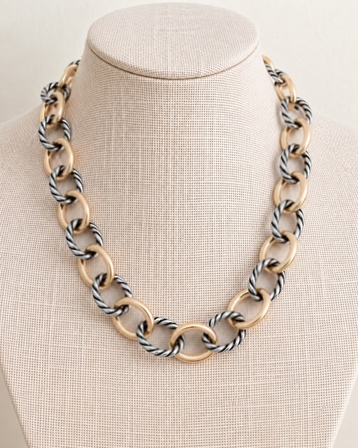 Well-Connected 15-inch mixed metal necklace displayed on a linen jewelry bust