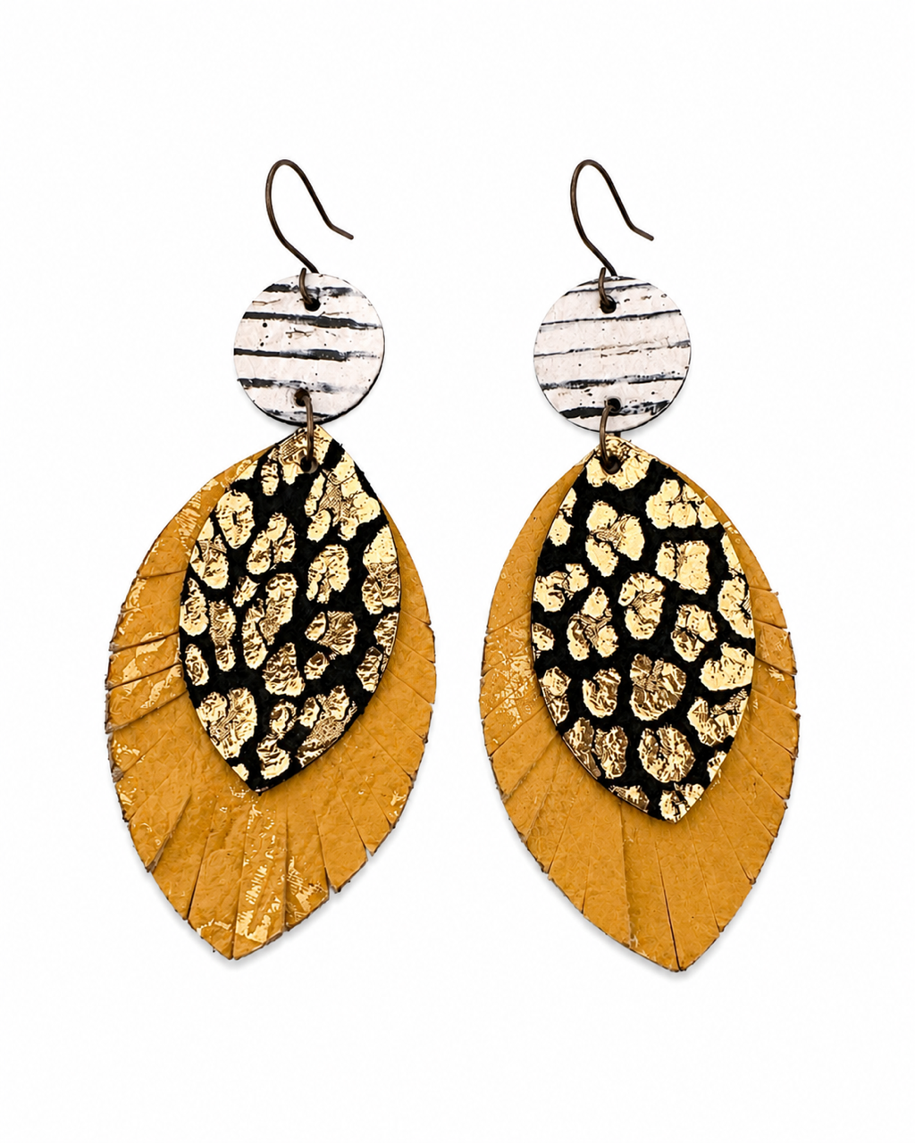 Wild Card Earrings on a white background with striped, metallic leopard-print, and distressed yellow leather pieces