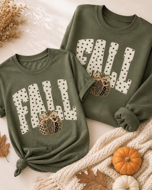 Olive Wild for Fall tee and sweatshirt featuring cream polka-dot lettering and a bow-topped patterned pumpkin.