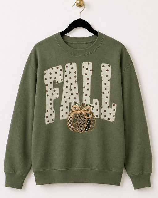 Olive Gildan Wild for Fall crewneck sweatshirt with polka-dot lettering and a leopard, camo and checkerboard pumpkin.