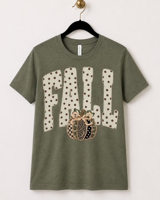 Olive Bella+Canvas Wild for Fall short-sleeve tee with polka-dot lettering and a bow-topped patterned pumpkin.
