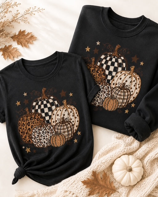 Black Wild Pumpkin Patch tee and sweatshirt featuring leopard, checkerboard, plaid and polka-dot pumpkins.