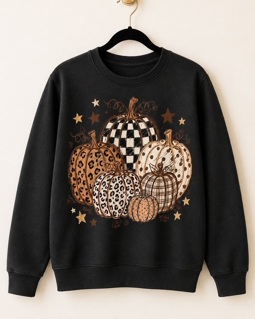 Black Gildan Wild Pumpkin Patch crewneck sweatshirt with mixed-print neutral pumpkins.