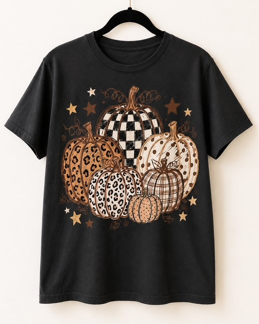 Black Bella+Canvas Wild Pumpkin Patch short-sleeve tee with mixed-print neutral pumpkins.