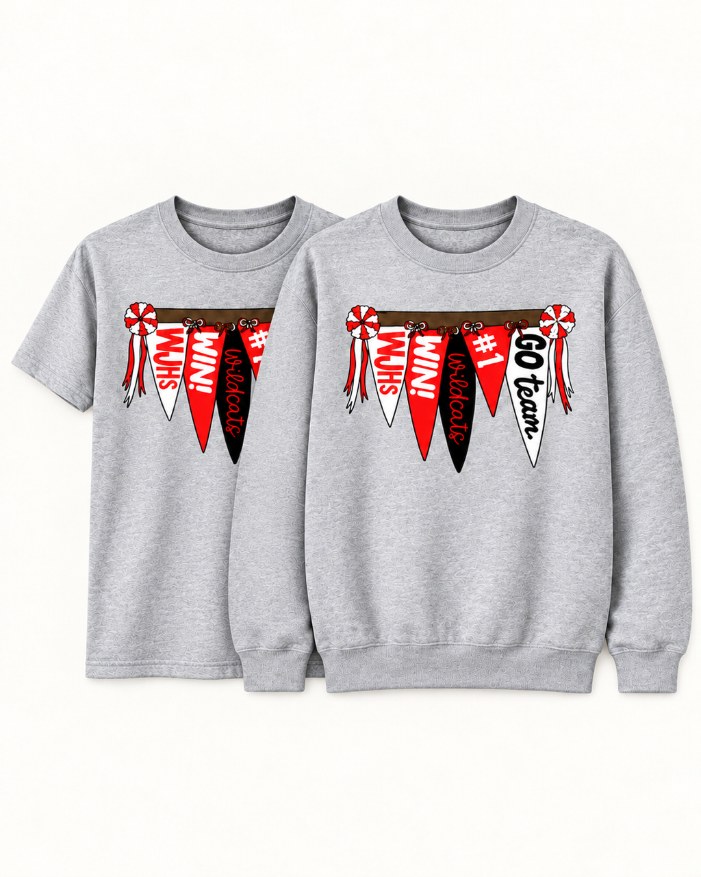 Sport gray Wildcat Rally Girl short-sleeve tee and crewneck sweatshirt displayed together on a creamy white background.