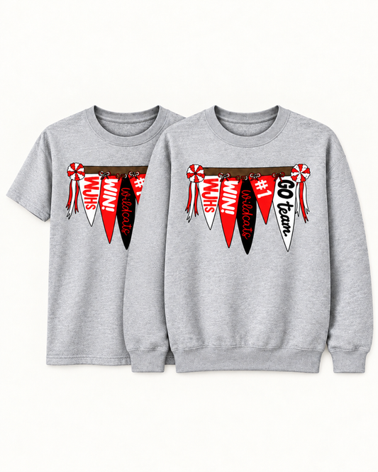 Sport gray Wildcat Rally Girl short-sleeve tee and crewneck sweatshirt displayed together on a creamy white background.