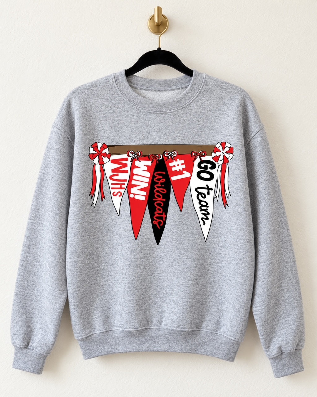 Sport gray Wildcat Rally Girl crewneck sweatshirt on a black velvet hanger with Wildcat pennants and bow details.