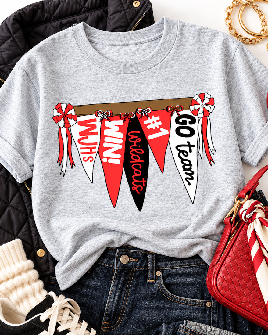 Wildcat Rally Girl tee styled with dark jeans, a black quilted layer, black sneaker, red bag, scarf, and gold jewelry.