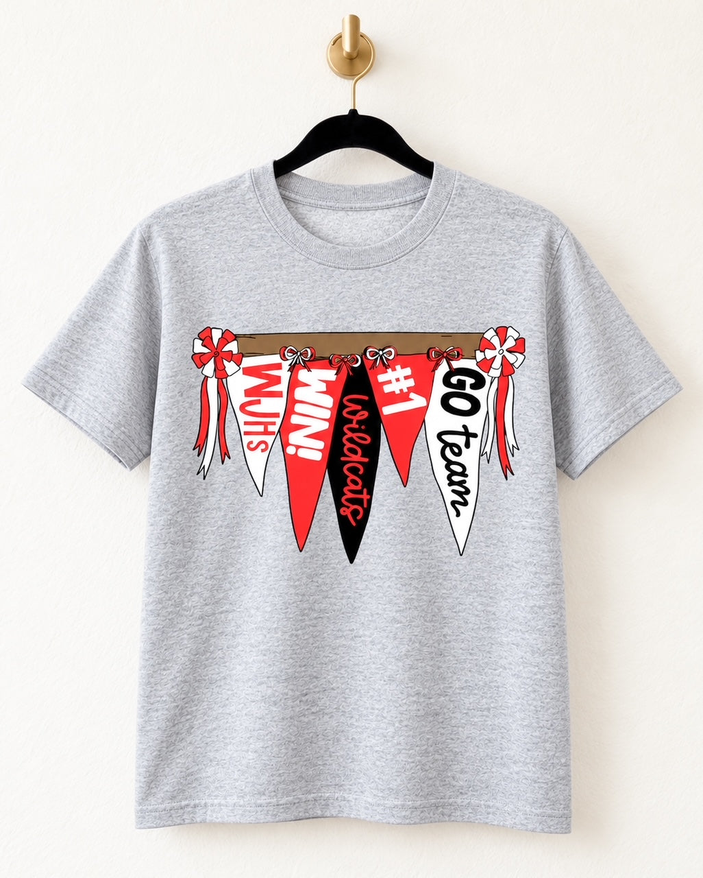 Sport gray Wildcat Rally Girl short-sleeve tee on a black velvet hanger with red, black, and white pennant artwork.