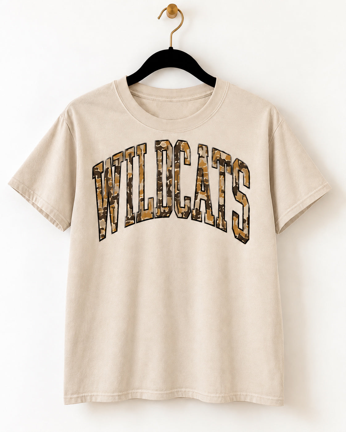 Sand short-sleeve Wildcat Territory tee with arched camouflage WILDCATS lettering on a black hanger.