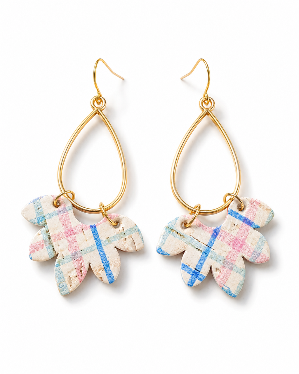 Wildflower Patch handmade pastel cork statement earrings with gold-tone teardrops on a clean white background.