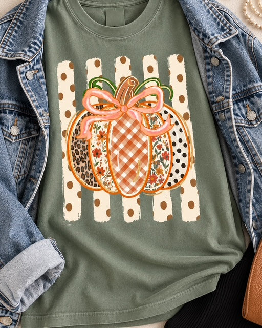 Sage Comfort Colors pumpkin tee with gingham, wildflowers, leopard and polka dots styled with a denim jacket