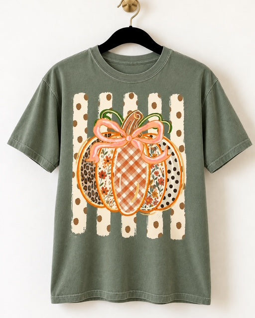 Wildflowers & Gingham Pumpkin Tee on sage Comfort Colors with gingham, floral, leopard and polka dot pumpkin design