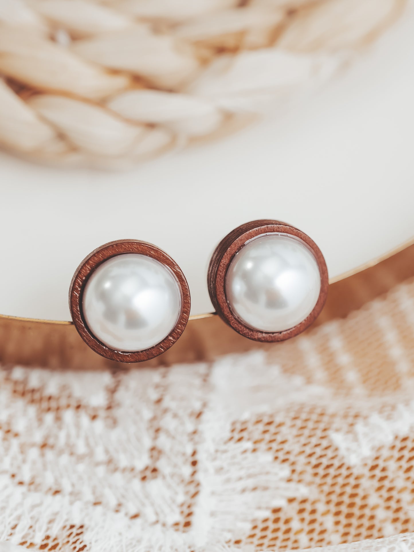 Wood & Pearl Stud Earrings