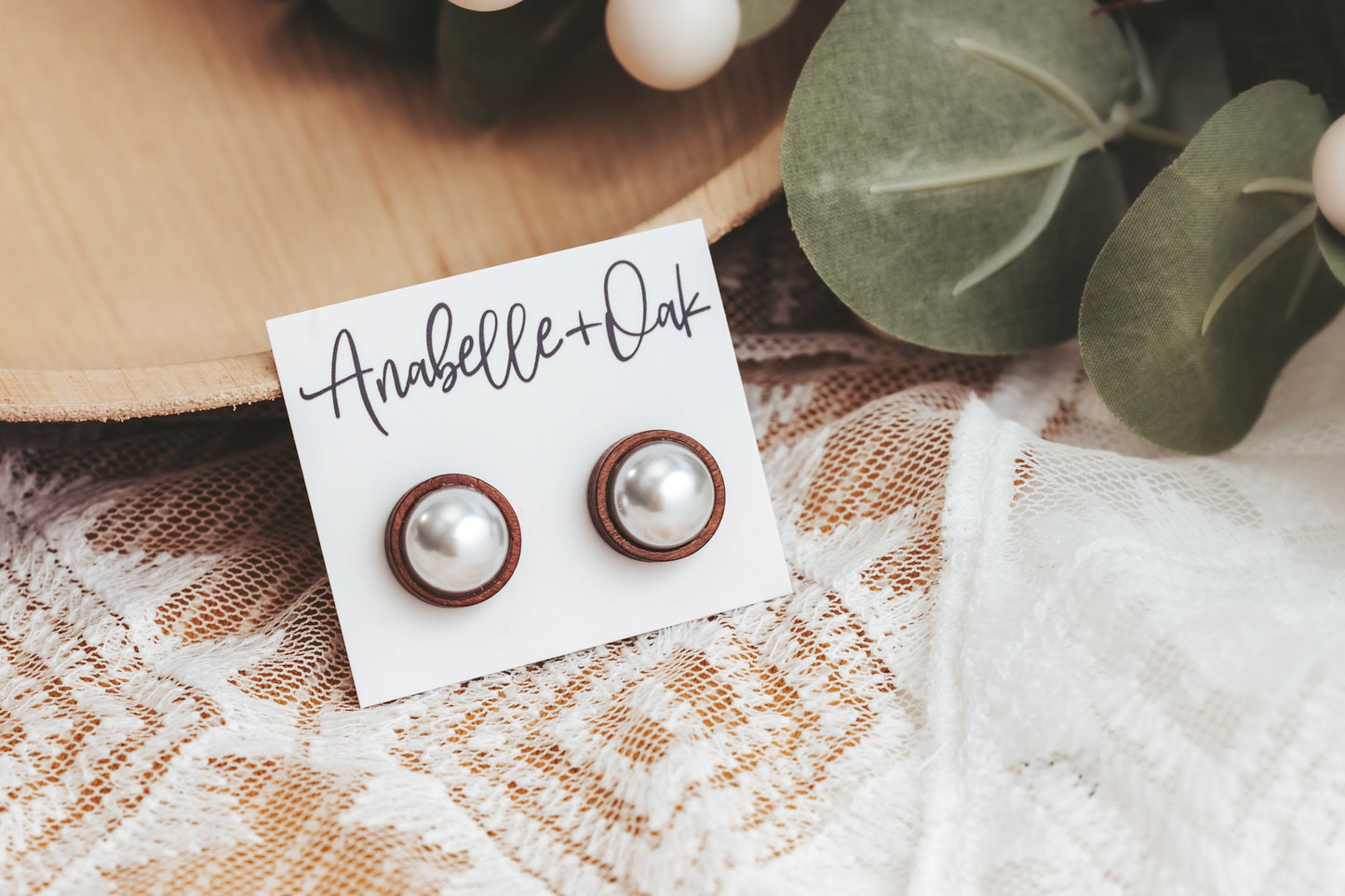 Wood & Pearl Stud Earrings