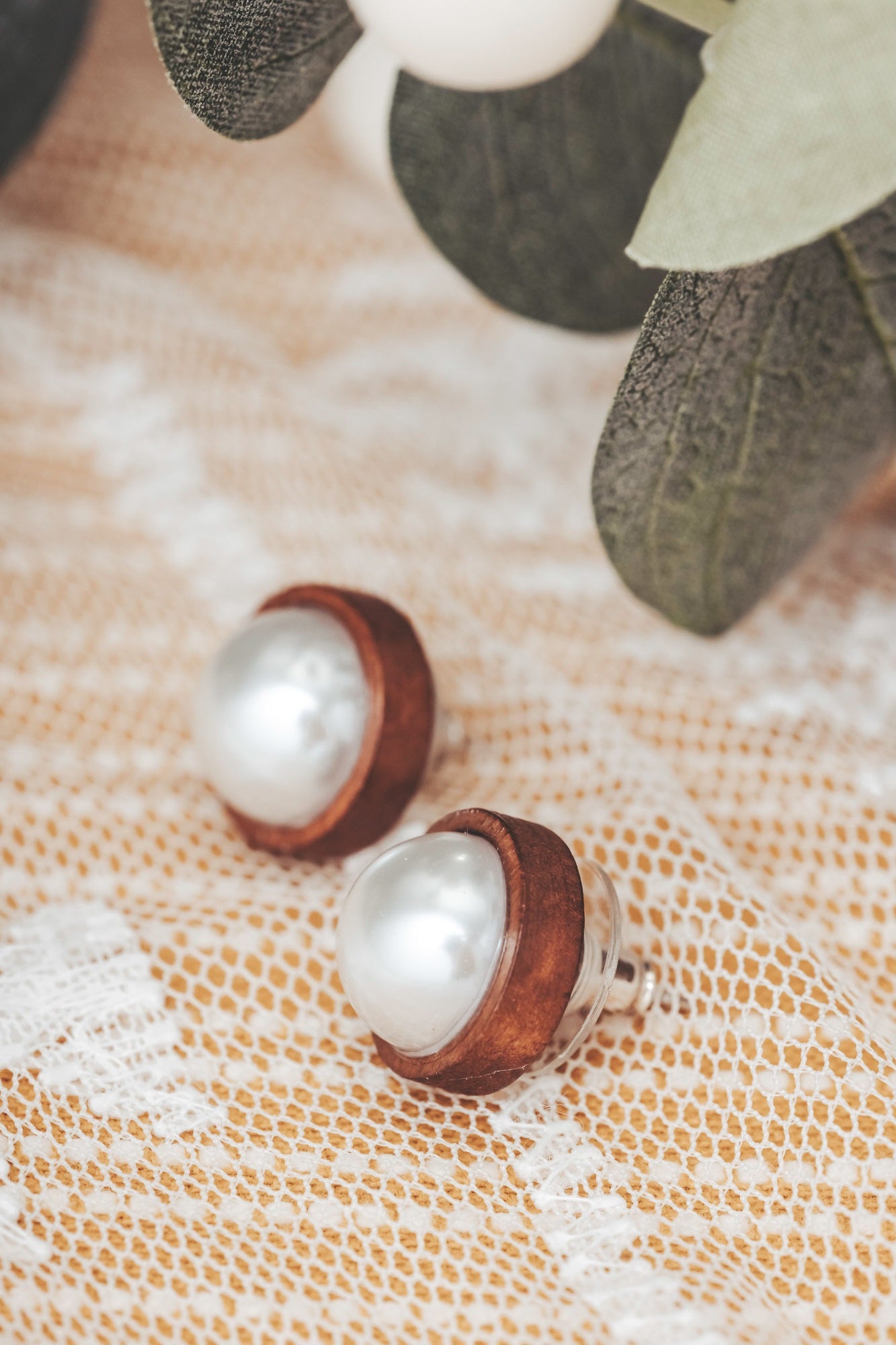 Wood & Pearl Stud Earrings