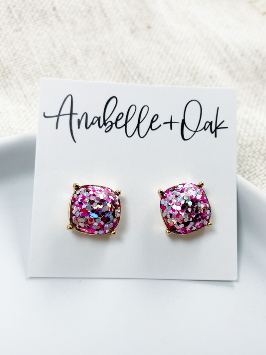 Fuchsia & Silver Glitter Studs